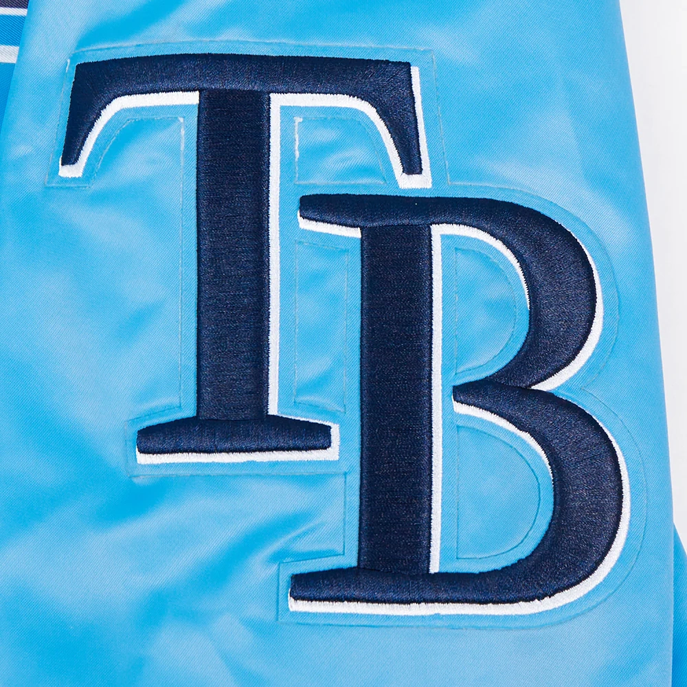 Tampa bay rays script tail full snap satin varsity jacket blue 1