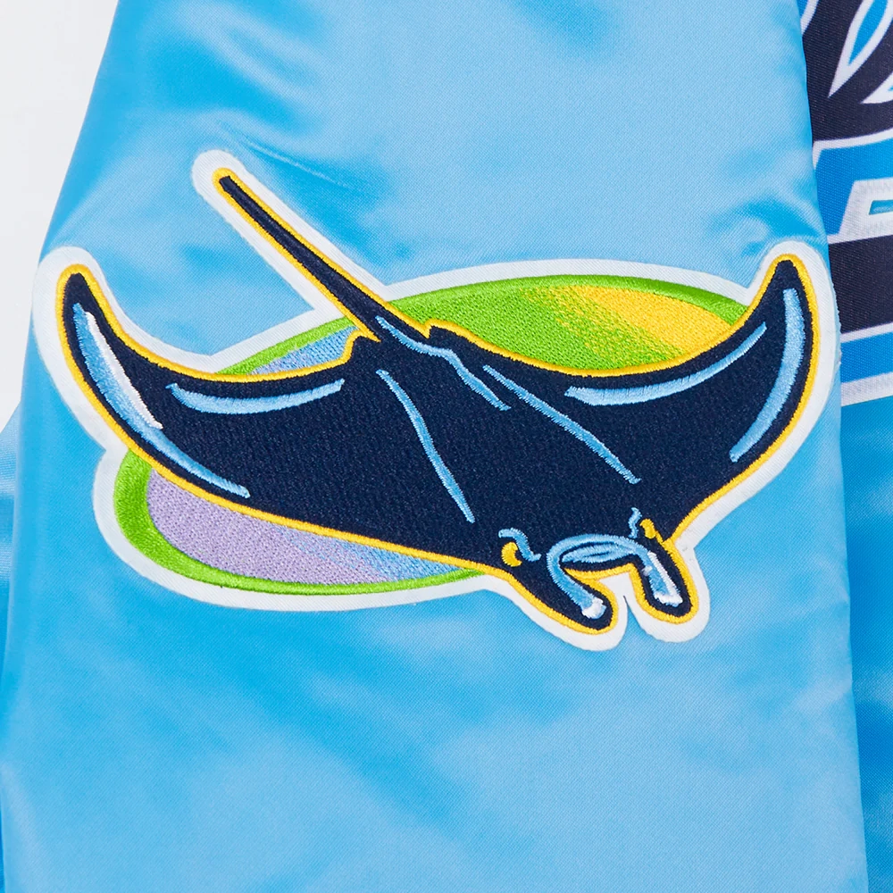 Tampa bay rays script tail full snap satin varsity jacket blue 2