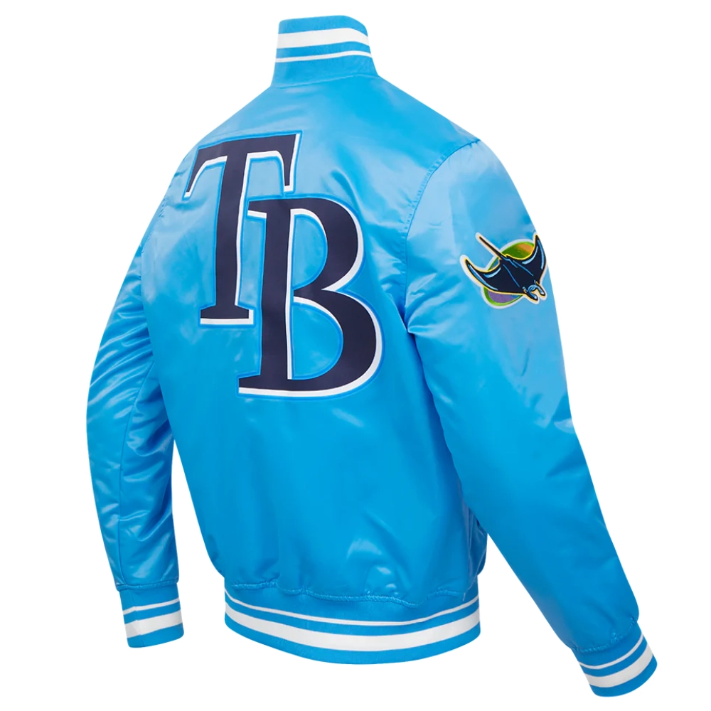 Tampa bay rays script tail full snap satin varsity jacket blue 3