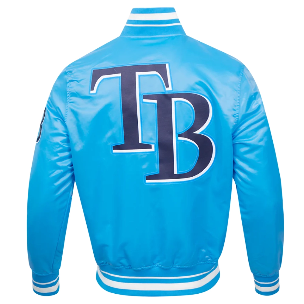 Tampa bay rays script tail full snap satin varsity jacket blue 4