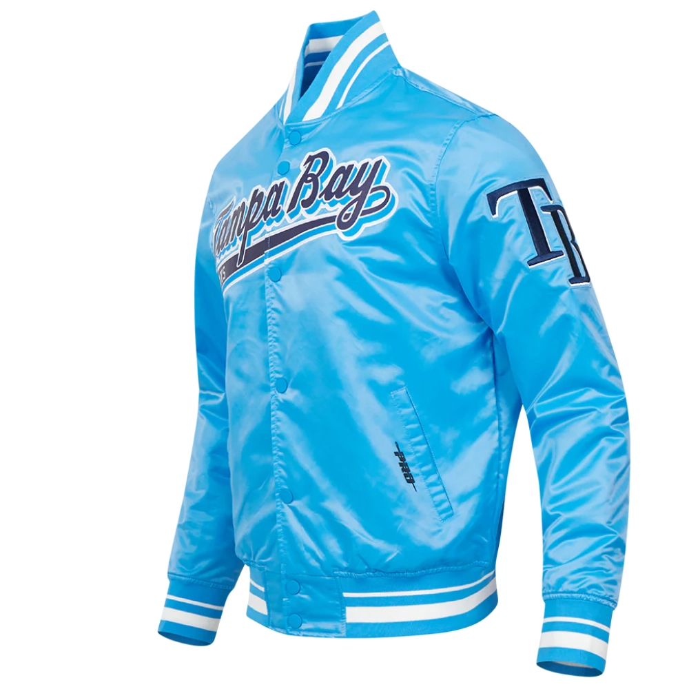 Tampa bay rays script tail full snap satin varsity jacket blue 5