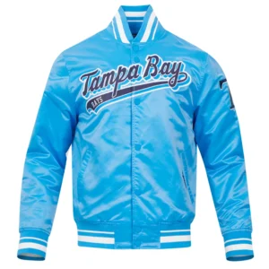 Tampa bay rays script tail full snap satin varsity jacket blue 6