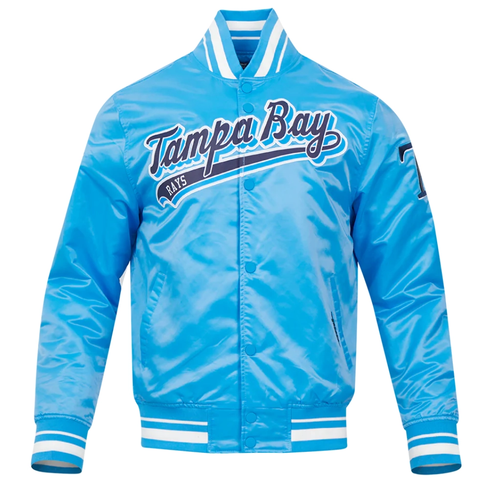 Tampa bay rays script tail full snap satin varsity jacket blue 6