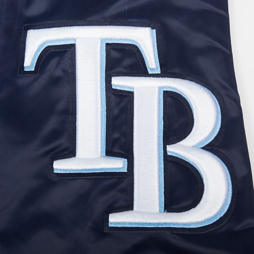 Tampa bay rays script tail full snap satin varsity jacket navy 1
