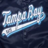 Tampa bay rays script tail full snap satin varsity jacket navy 2