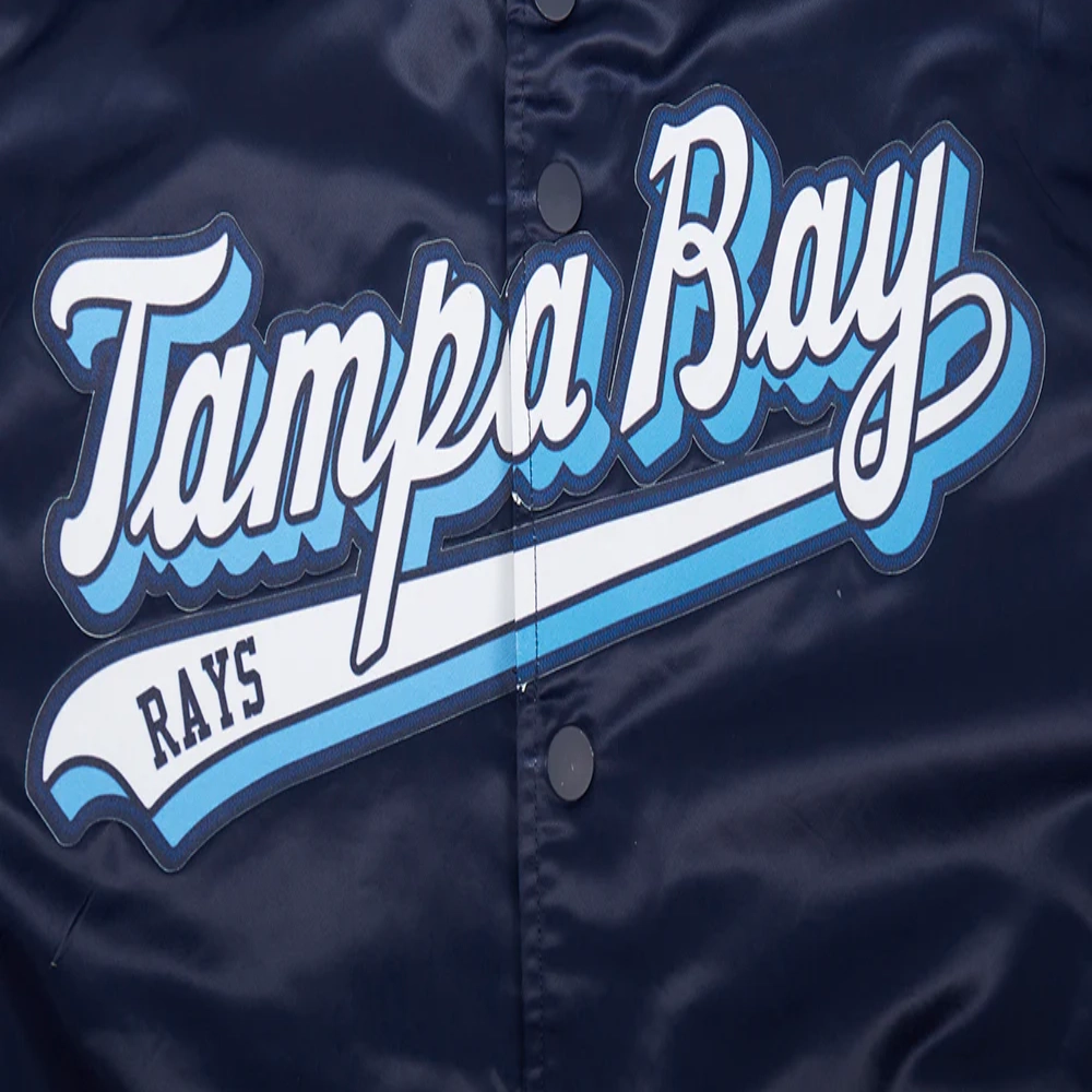 Tampa bay rays script tail full snap satin varsity jacket navy 2