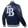Tampa bay rays script tail full snap satin varsity jacket navy 3