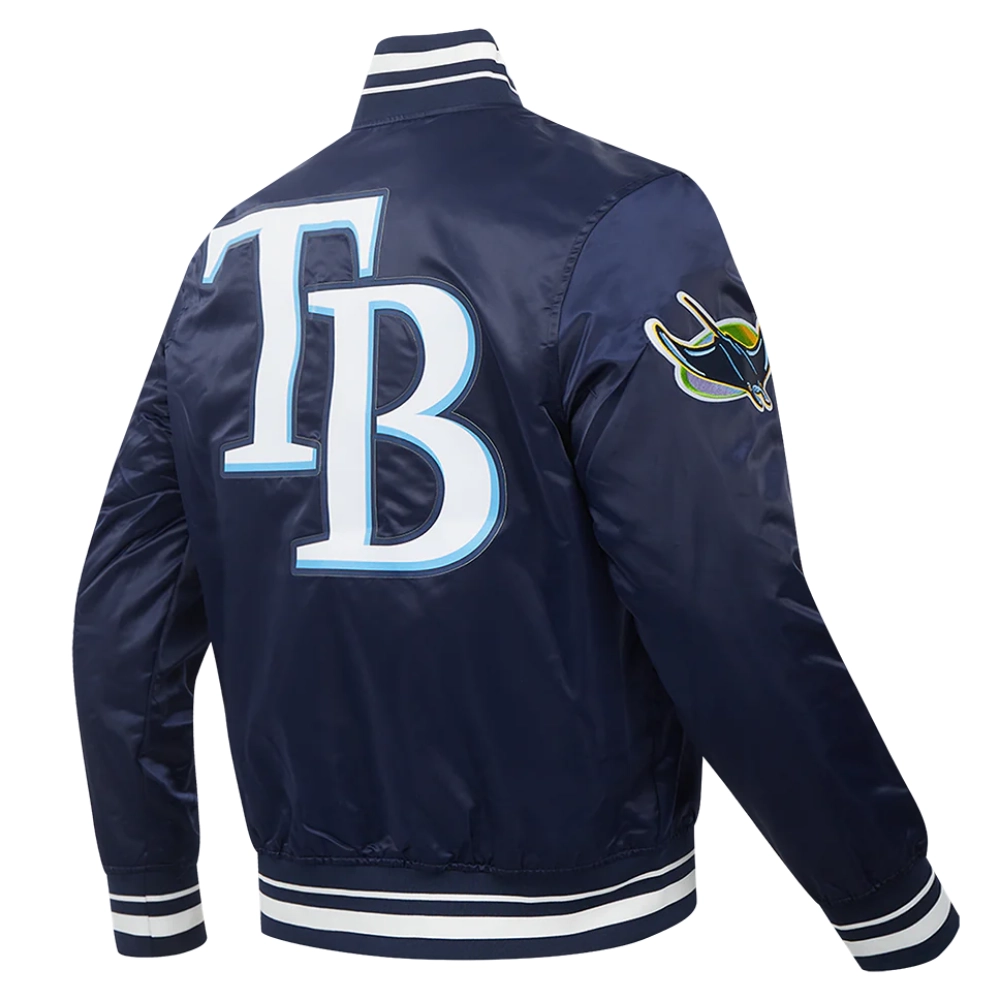Tampa bay rays script tail full snap satin varsity jacket navy 3