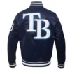 Tampa bay rays script tail full snap satin varsity jacket navy 4