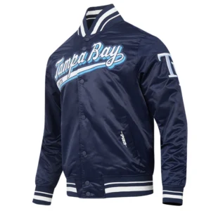 Tampa bay rays script tail full snap satin varsity jacket navy 5
