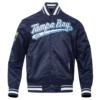 Tampa bay rays script tail full snap satin varsity jacket navy 6