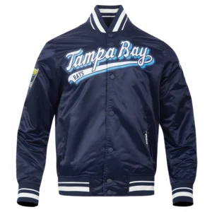 Tampa bay rays script tail full snap satin varsity jacket navy 6