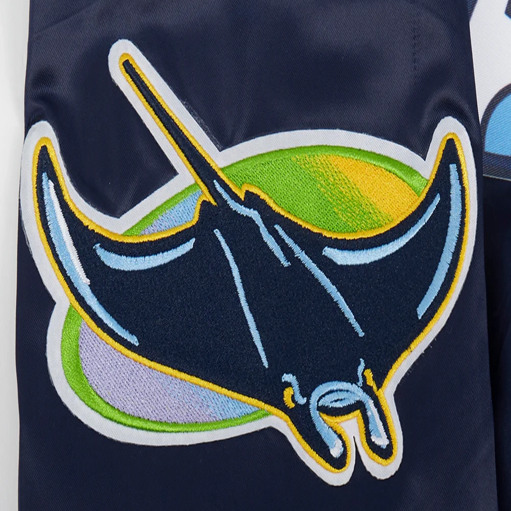 Tampa bay rays script tail full snap satin varsity jacket navy