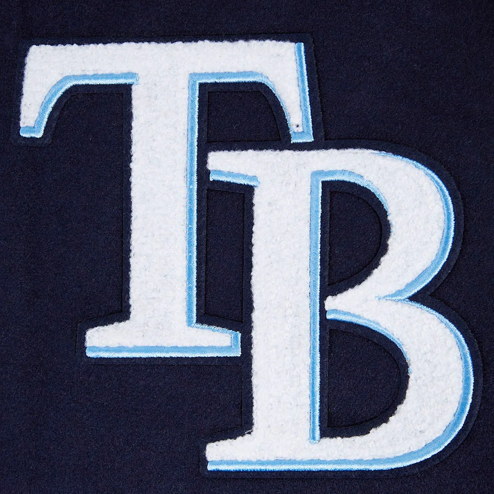 Tampa bay rays script tail wool leather varsity jacket navy white 1