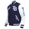 Tampa bay rays script tail wool leather varsity jacket navy white 5