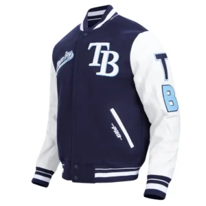 Tampa bay rays script tail wool leather varsity jacket navy white 5