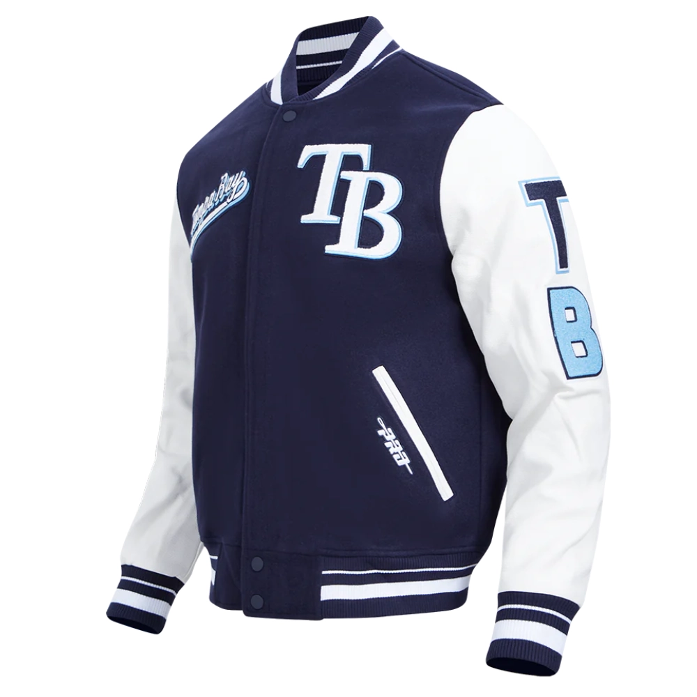 Tampa bay rays script tail wool leather varsity jacket navy white 5