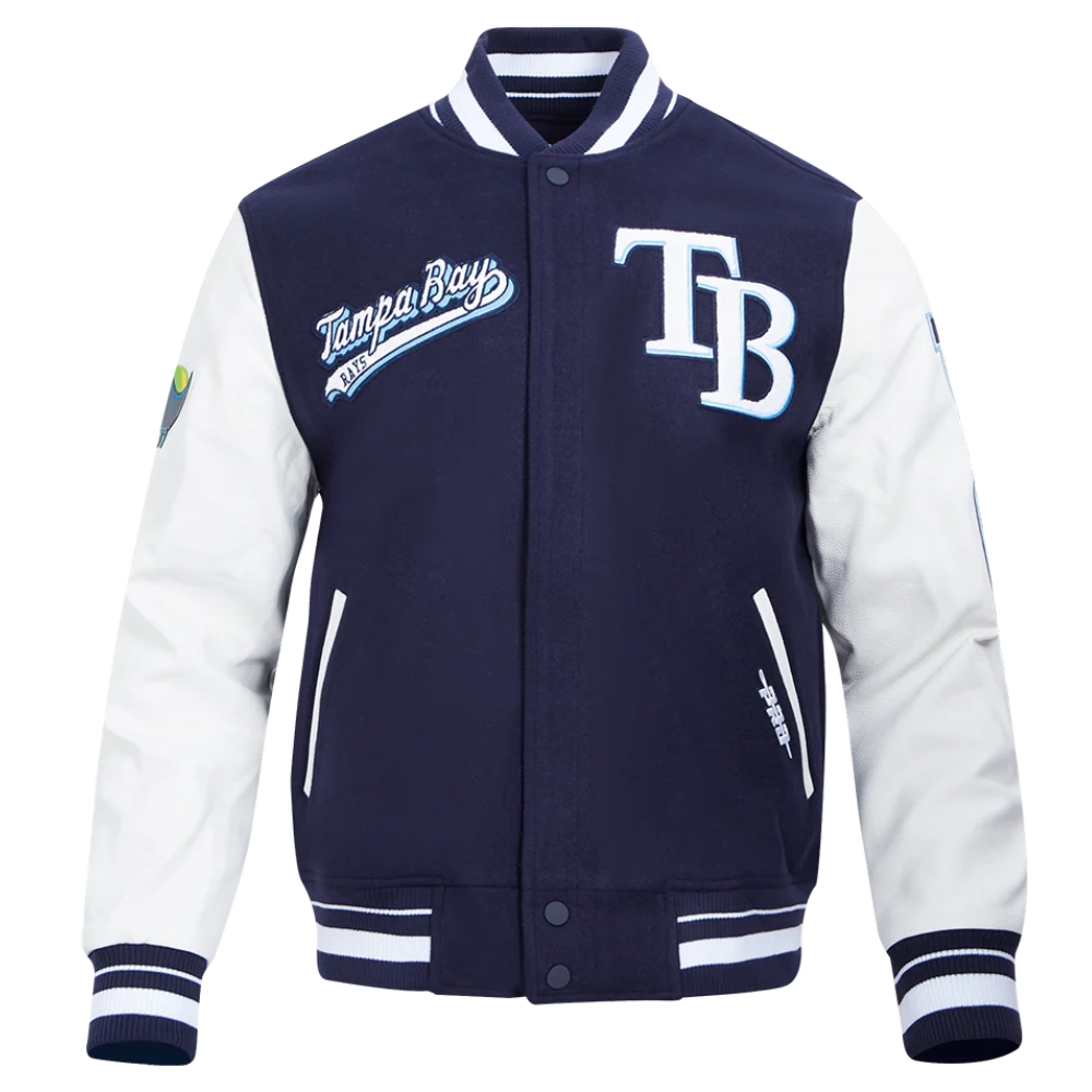 Tampa bay rays script tail wool leather varsity jacket navy white 6