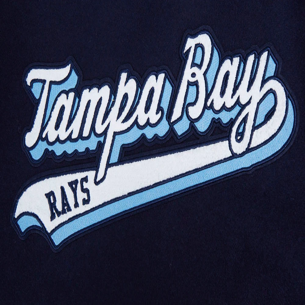 Tampa bay rays script tail wool leather varsity jacket navy white