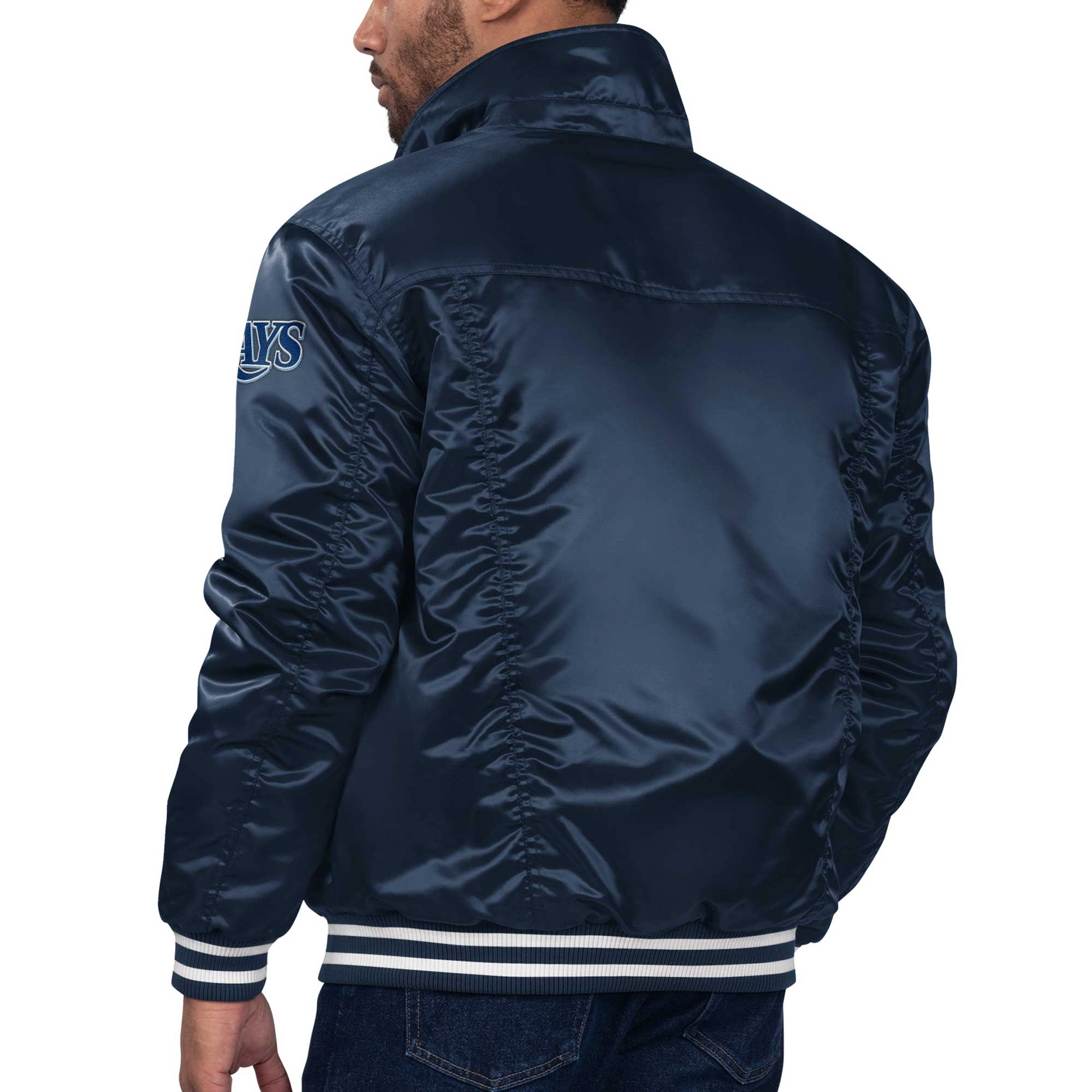Tampa bay rays silver tab trucker satin varsity jacket navy 1 1