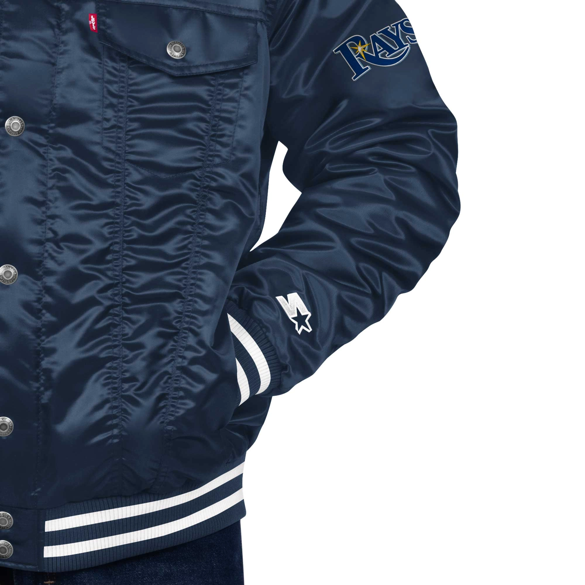 Tampa bay rays silver tab trucker satin varsity jacket navy 2 1