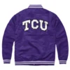 Tcu horned ribbed knitted frogs logo varsity jacket purple 1 1