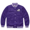 Tcu horned ribbed knitted frogs logo varsity jacket purple 1