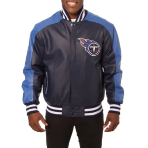 Tennessee titans genuine leather varsity jacket navyblue 1
