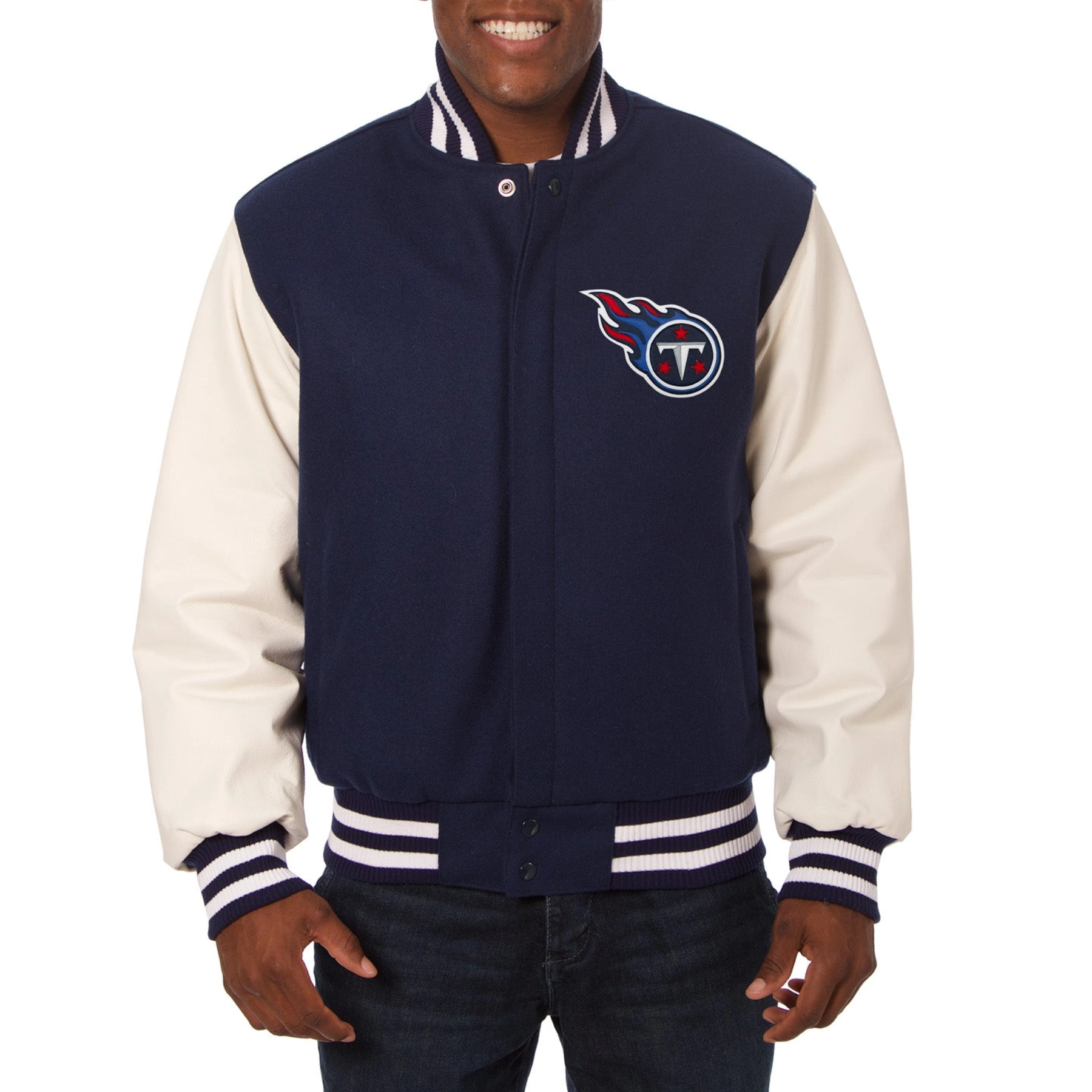 Tennessee titans two tone wool leather varsity jacket navy whte 1
