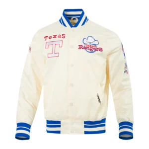 Texas rangers retro classic full snap satin varsity jacket cream 1