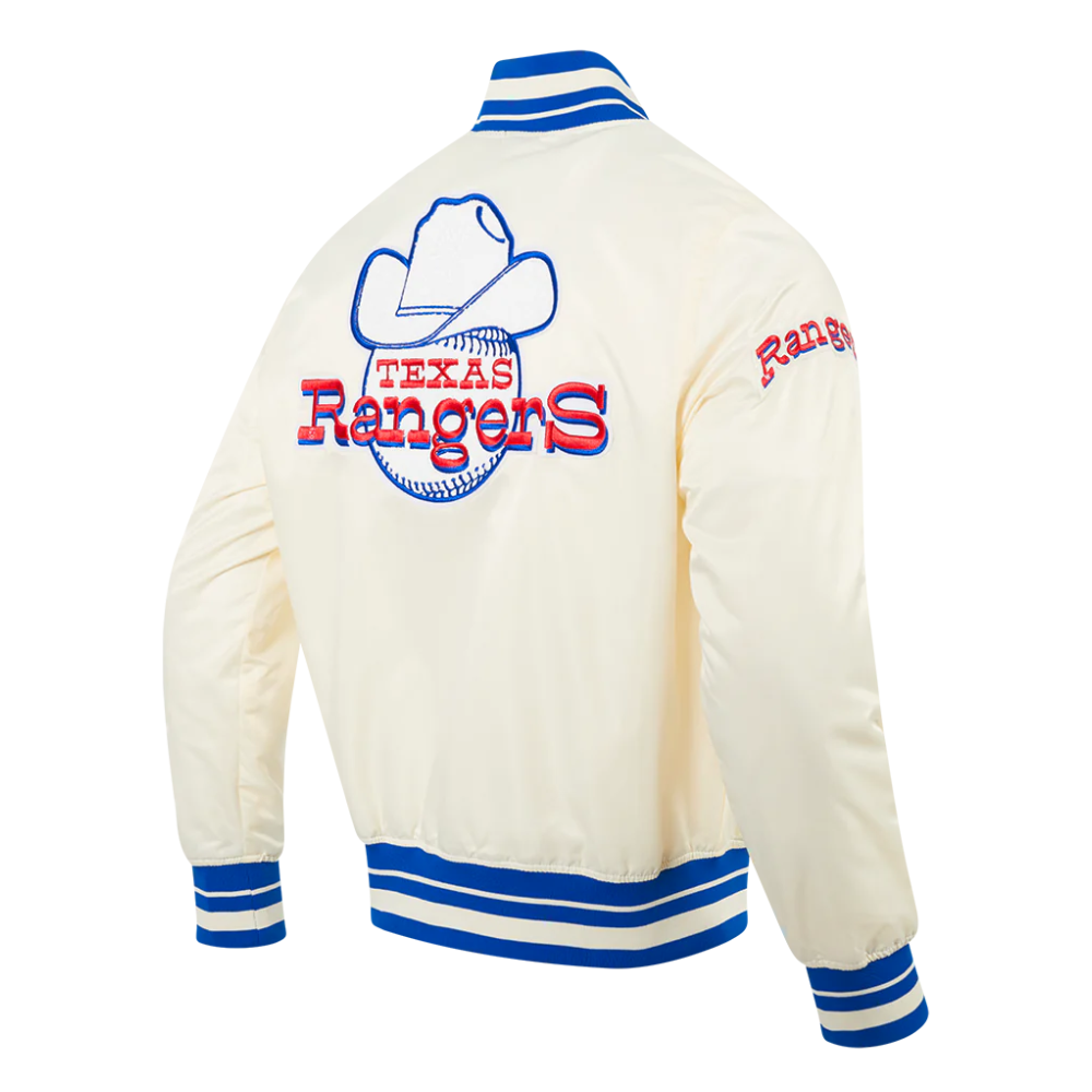 Texas rangers retro classic full snap satin varsity jacket cream 3