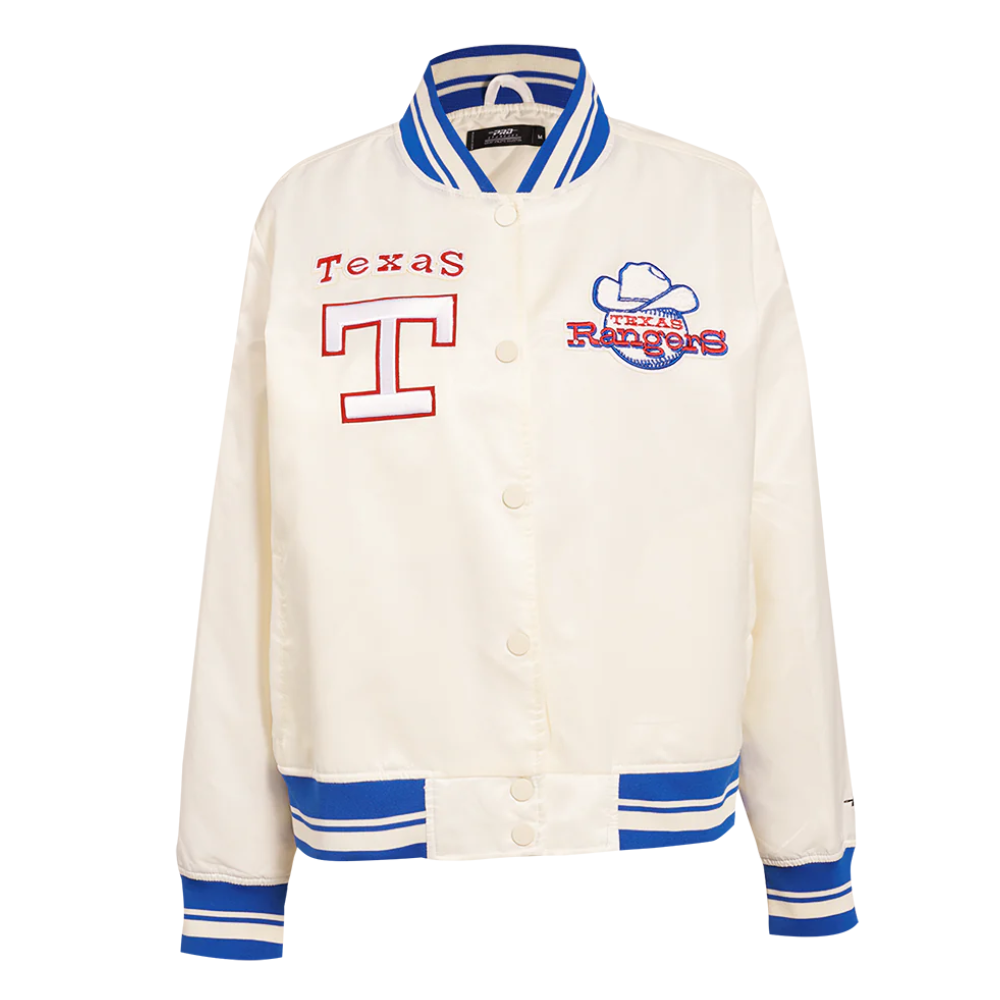 Texas rangers retro classic womens full snap satin varsity jacket cream 1