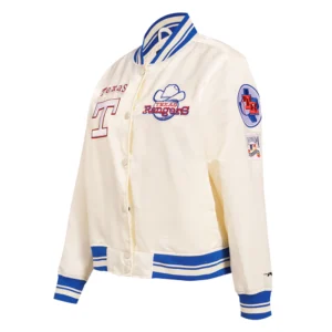 Texas rangers retro classic womens full snap satin varsity jacket cream 2