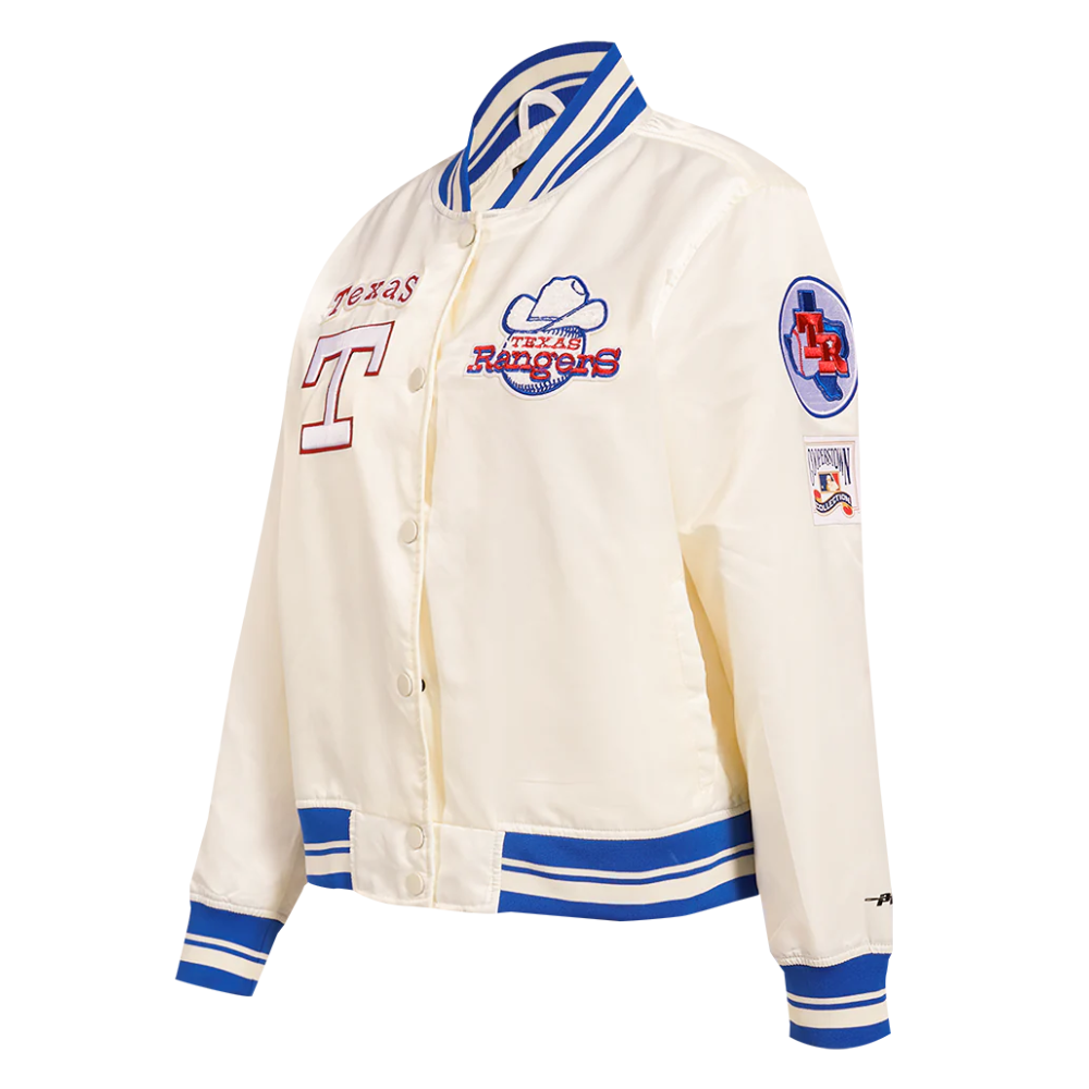 Texas rangers retro classic womens full snap satin varsity jacket cream 2