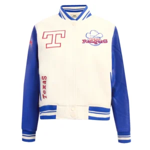 Texas rangers retro classic womens wool leather satin varsity jacket white blue 1