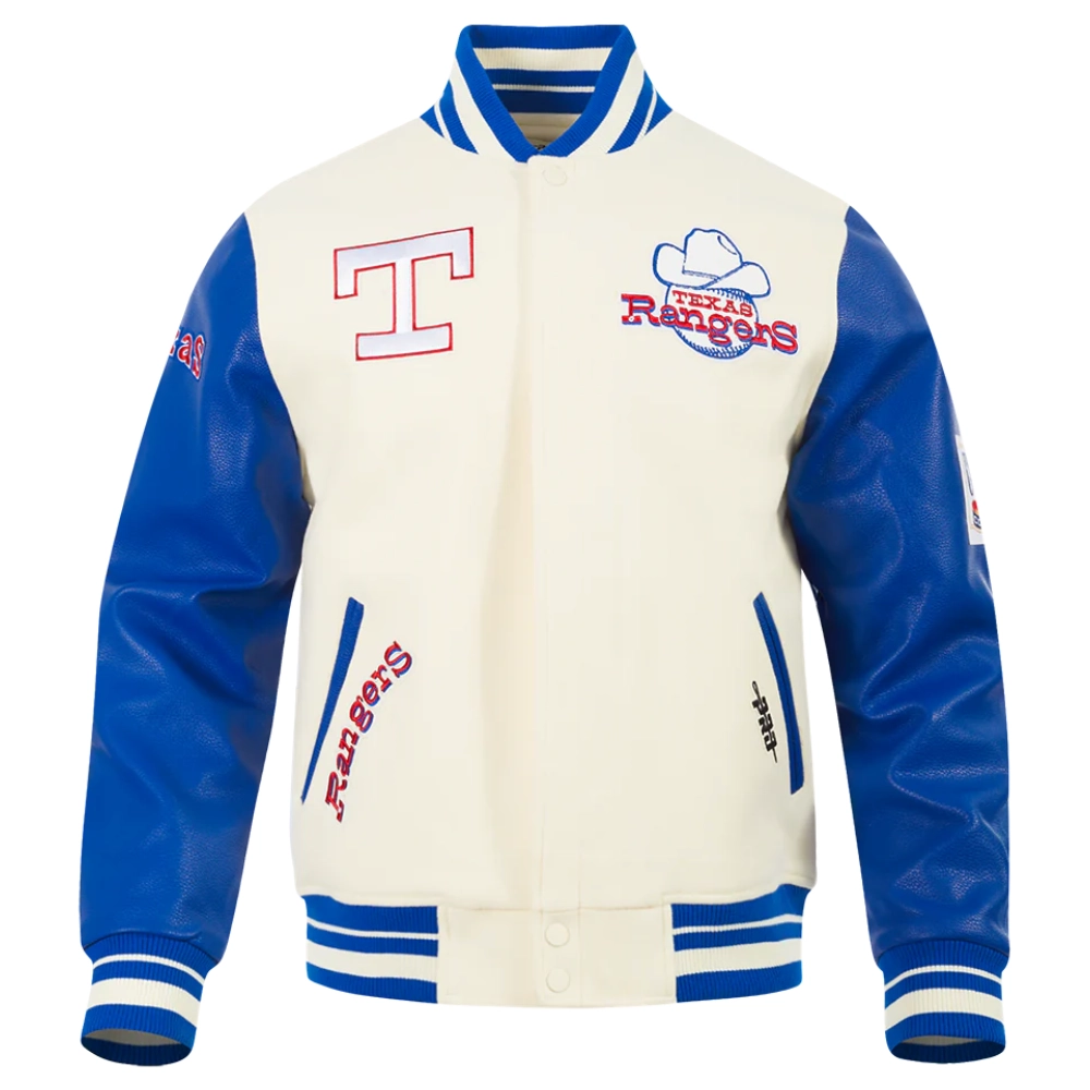 Texas rangers retro classic wool leather varsity jacket white blue 9