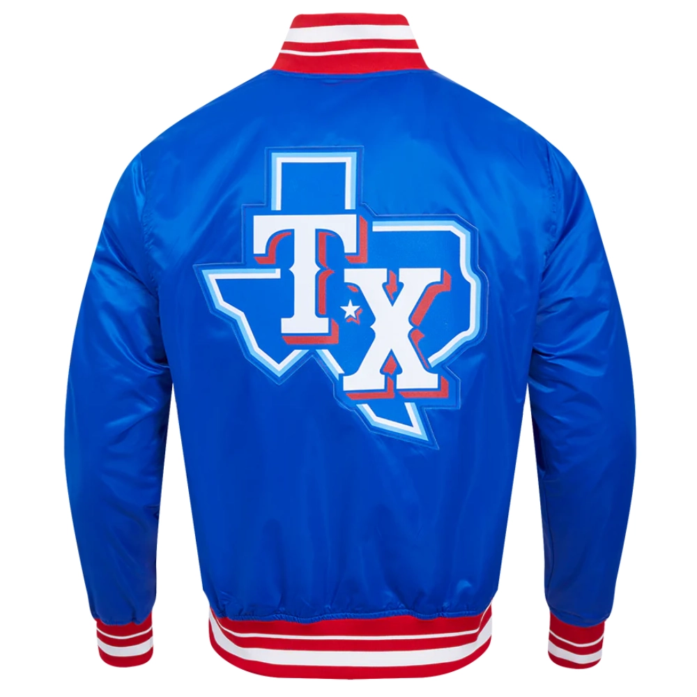 Texas rangers script tail full snap satin varsity jacket blue 3