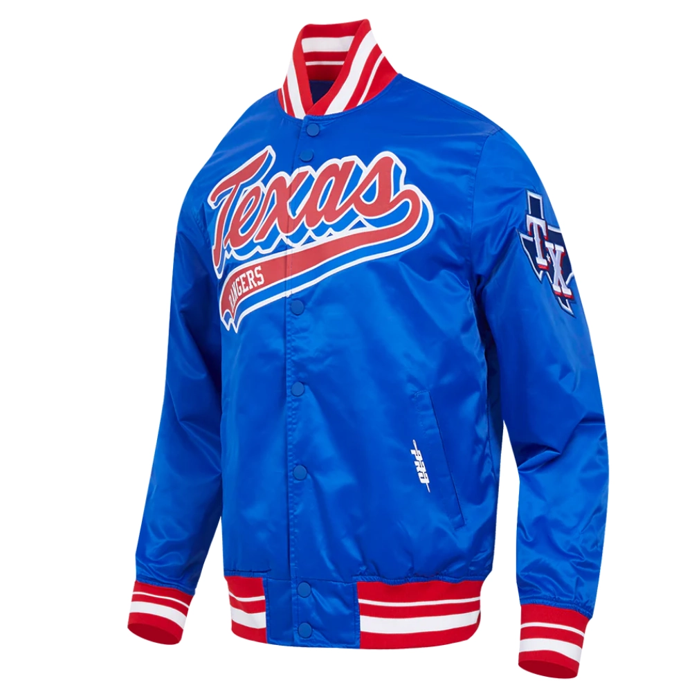 Texas rangers script tail full snap satin varsity jacket blue 5