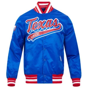Texas rangers script tail full snap satin varsity jacket blue 6