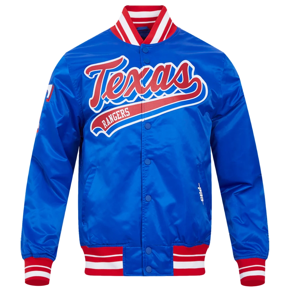 Texas rangers script tail full snap satin varsity jacket blue 6