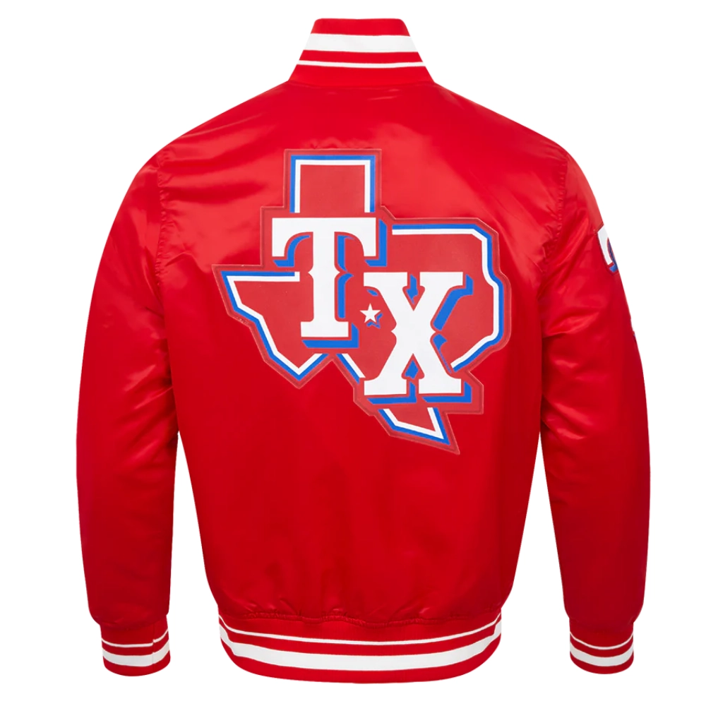 Texas rangers script tail full snap satin varsity jacket red 3