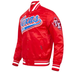 Texas rangers script tail full snap satin varsity jacket red 4