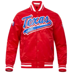 Texas rangers script tail full snap satin varsity jacket red 5