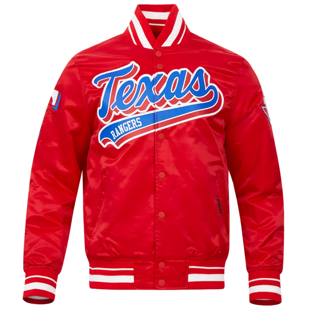 Texas rangers script tail full snap satin varsity jacket red 5