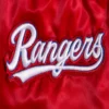 Texas rangers script tail womens full snap satin varsity jacket red 1