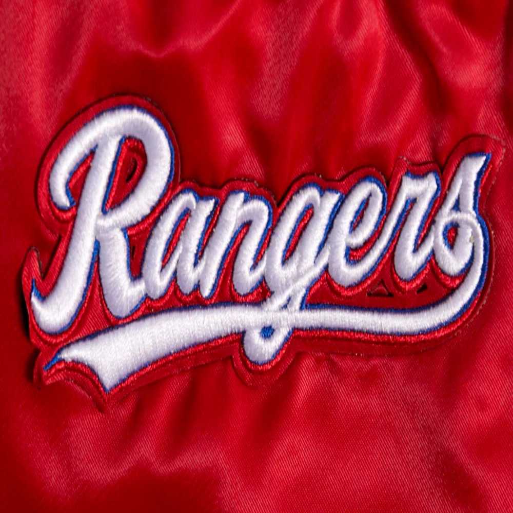 Texas rangers script tail womens full snap satin varsity jacket red 1