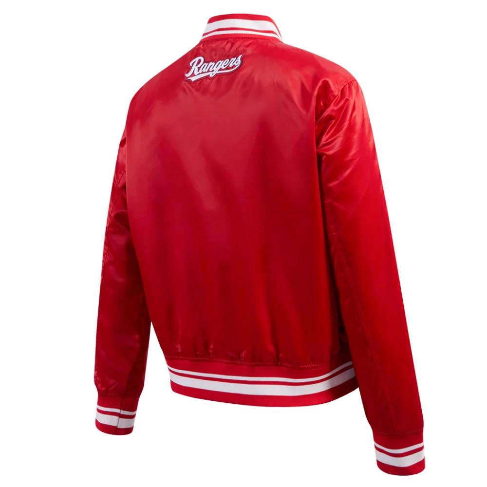 Texas rangers script tail womens full snap satin varsity jacket red 2