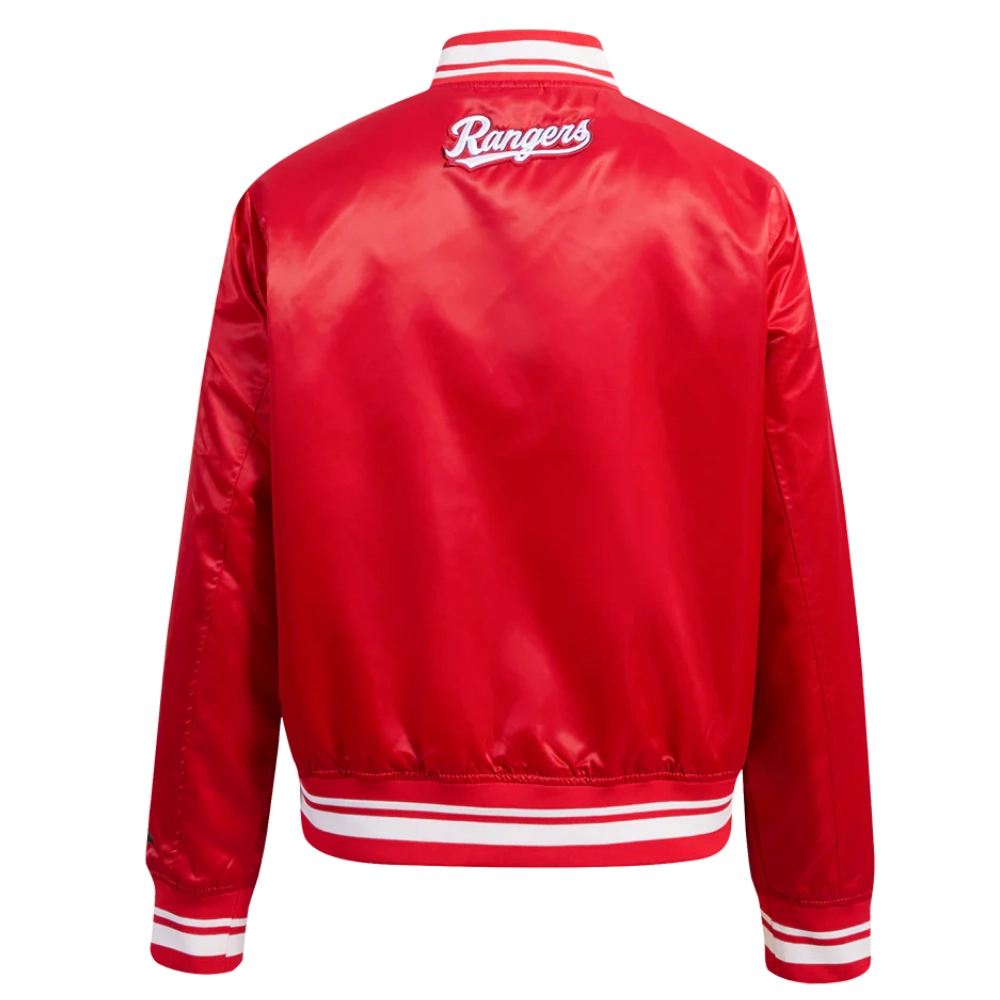 Texas rangers script tail womens full snap satin varsity jacket red 3
