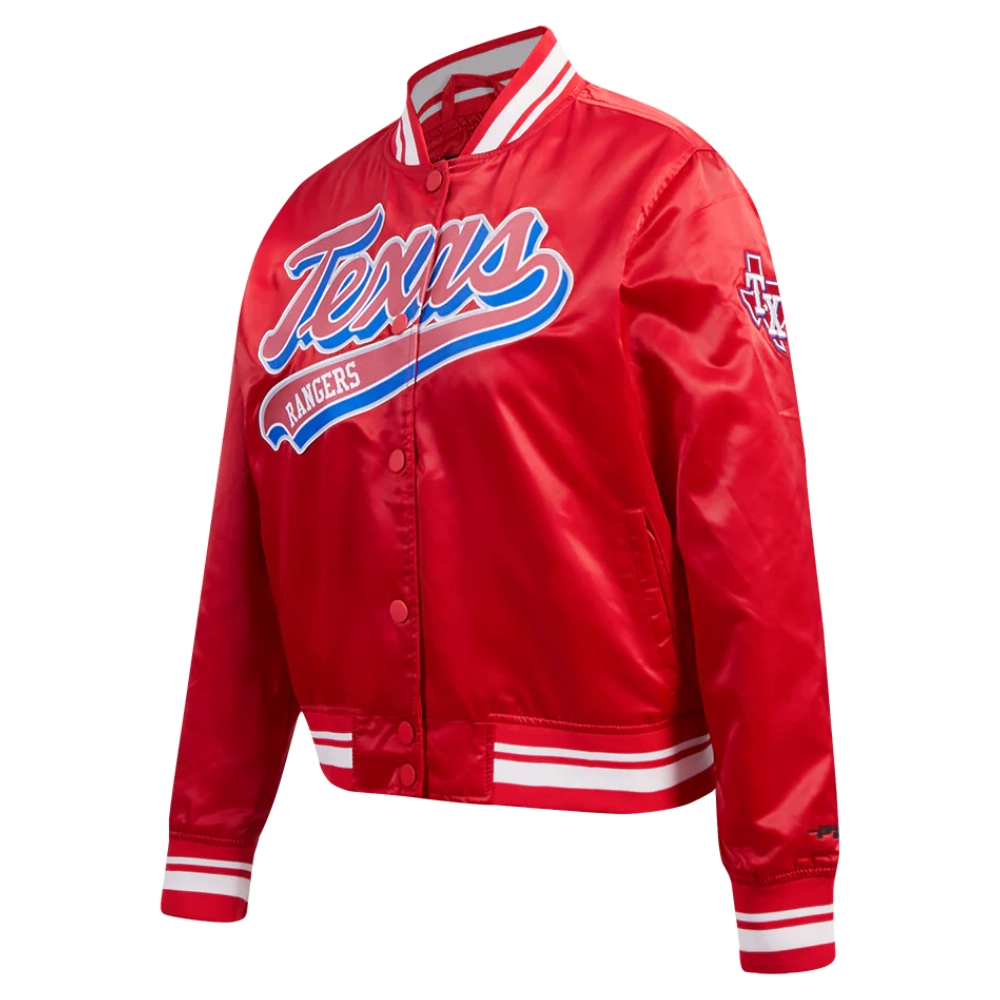 Texas rangers script tail womens full snap satin varsity jacket red 4