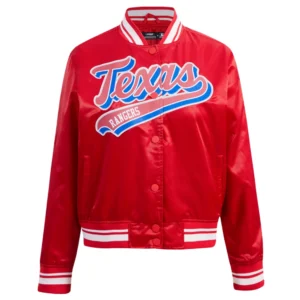Texas rangers script tail womens full snap satin varsity jacket red 5